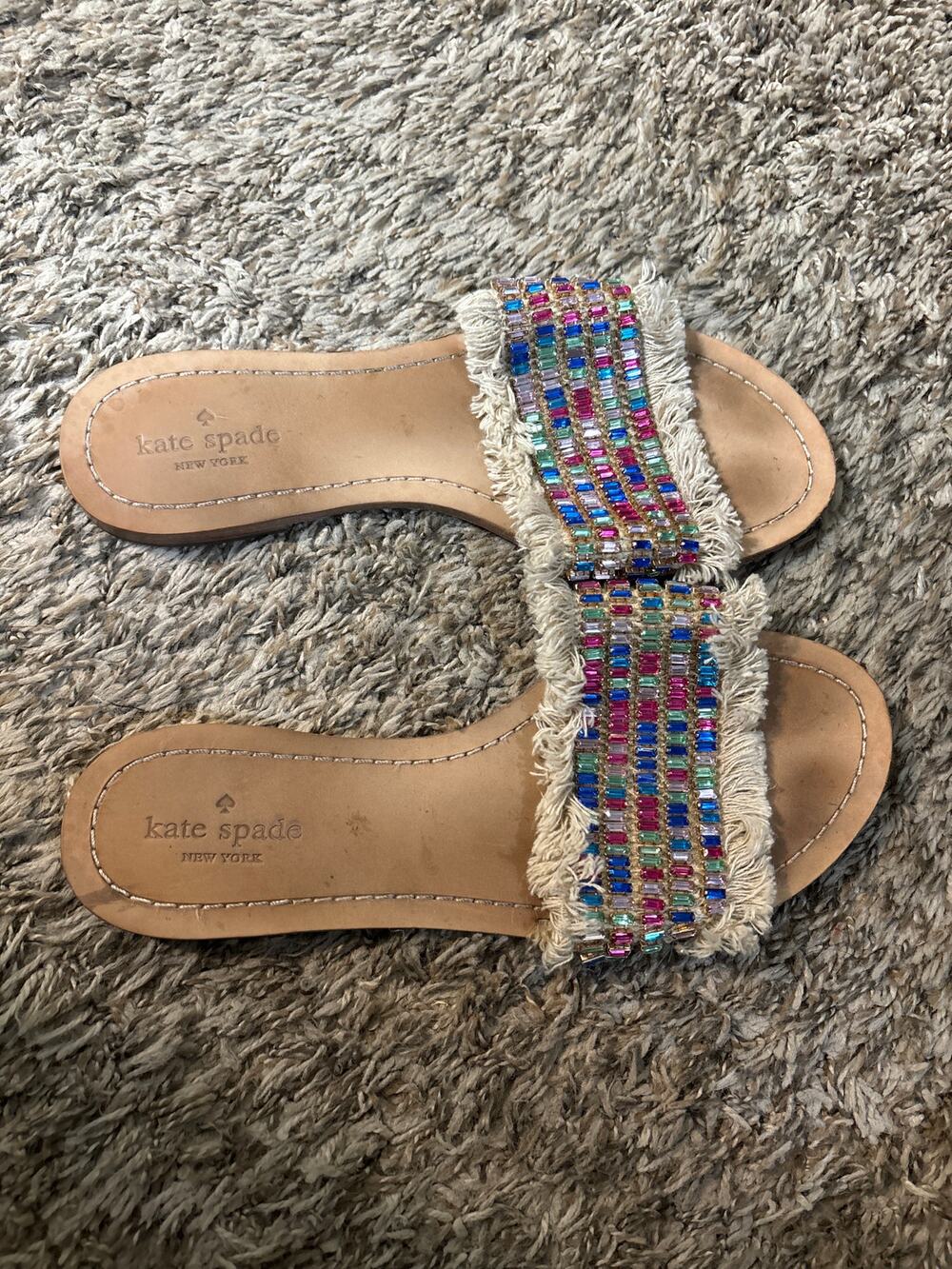 Kate Spade Solaina Jeweled Embelished multicolor Rainbow Fray Sandal Slippers 9